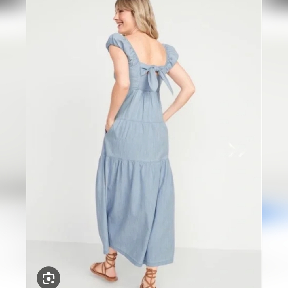 Old Navy Cotton Chambray Lightwash Tiered Maxi Dress With Tie Back Size XL